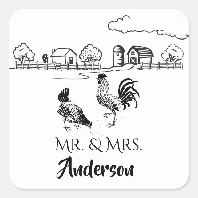 Personalised Mr and Mrs Chickens Rooster Hen Farm Square Sticker (Front)