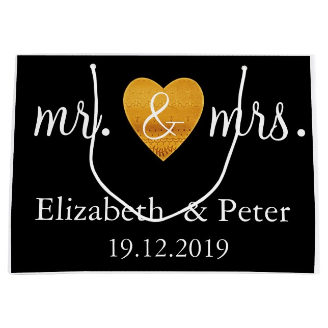 Personalised Mr and Mrs Gold Love Heart Wedding Large Gift Bag (Front)
