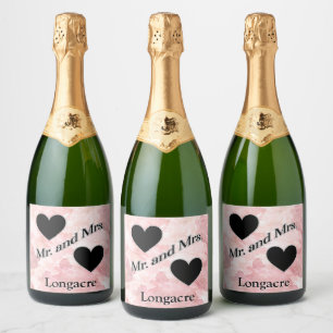 Personalised Mr. and Mrs. Hearts Black White Sparkling Wine Label