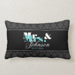 Personalised Mr and Mrs newlyweds lumbar pillow<br><div class="desc">Personalised Mr and Mrs newlyweds lumbar pillow in elegant style. Cute wedding gift idea for newly weds. Personalise with name of bride and groom / husband and wife. Classy pattern design with stylish typography. Script text. Teal blue / turquoise, grey, white and black colours. Sylish home decor present for newlyweds....</div>