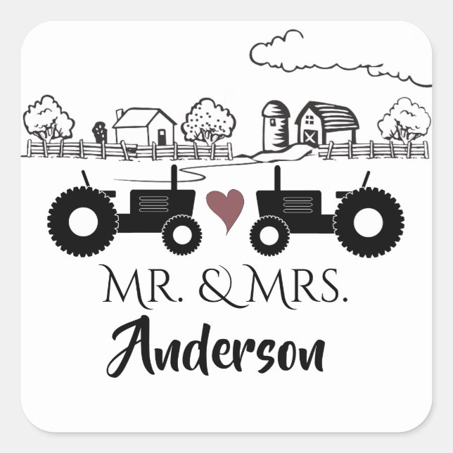 Personalised Mr and Mrs Tractor Couple Farm LOVE Square Sticker (Front)
