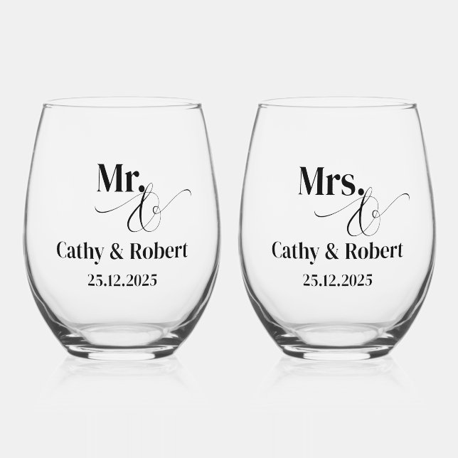 Personalised Mr and Mrs Wedding  Stemless Wine Glass (Front)