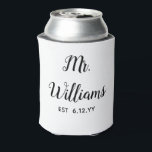Personalised Mr Est Your Date Groom Gift Custom<br><div class="desc">monogram last name newlywed modern,  cute black and white typography,  just married trendy simple script,  personalised mr est your date,  engagement gift for fiance wedding,  present for groom wedding gift,  bachelor party mr newly engaged,  honeymoon matching can cooler coozie,  newlywed groom bottle coozy slim,  custom personalise him calligraphy can</div>