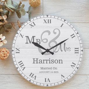 Personalised Mr & Mrs Grey White Retro Wood Couple Large Clock