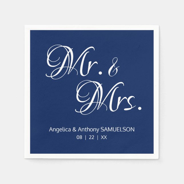 Personalised Mr. & Mrs. Navy Blue White Wedding Napkin (Front)