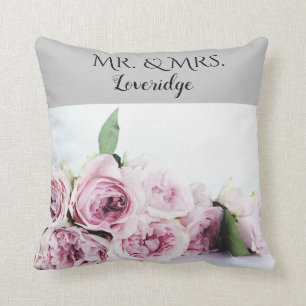 Personalised Mr. & Mrs. Pink Grey Floral Wedding Cushion