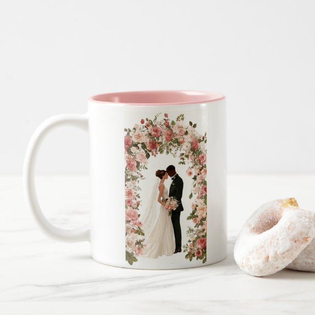 Personalised Mr & Mrs Wedding Mug - Custom Floral  (With Donut)