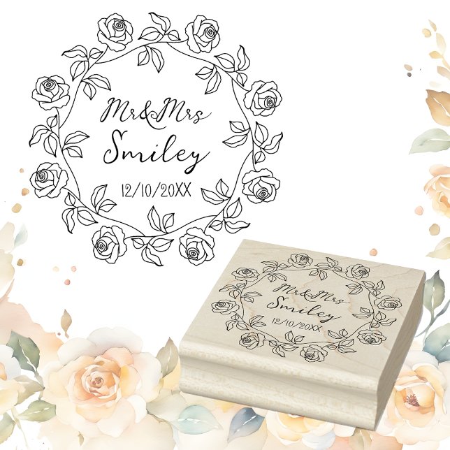 Personalised Mr&Mrs Wedding with Rose Wreath Rubber Stamp (💍 Add handmade charm to your wedding day! 🌹)