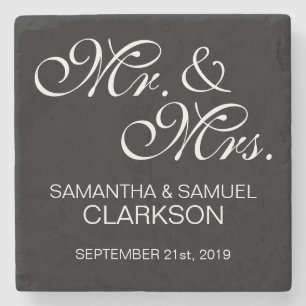 Personalised MR. & MRS. White Black Wedding Favour Stone Coaster
