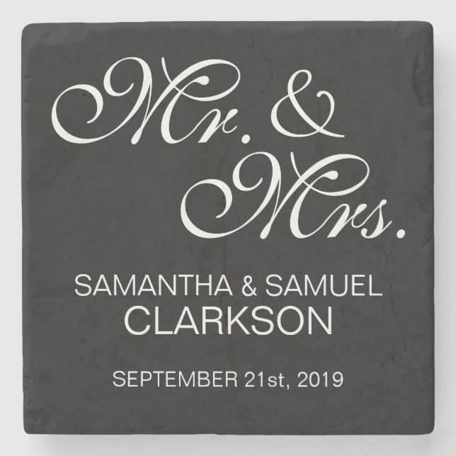 Personalised MR. & MRS. White Black Wedding Favour Stone Coaster (Front)