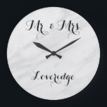Personalised Mr. & Mrs. White Grey Grey Marble Large Clock<br><div class="desc">Personalised white and grey marble Mr. and Mrs.large clock. This stylish clock features elegant black writing. You can personalise it with your surname,  and even change the text colour and font style using the customise option. Perfect for a wedding,  engagement or anniversary gift!</div>