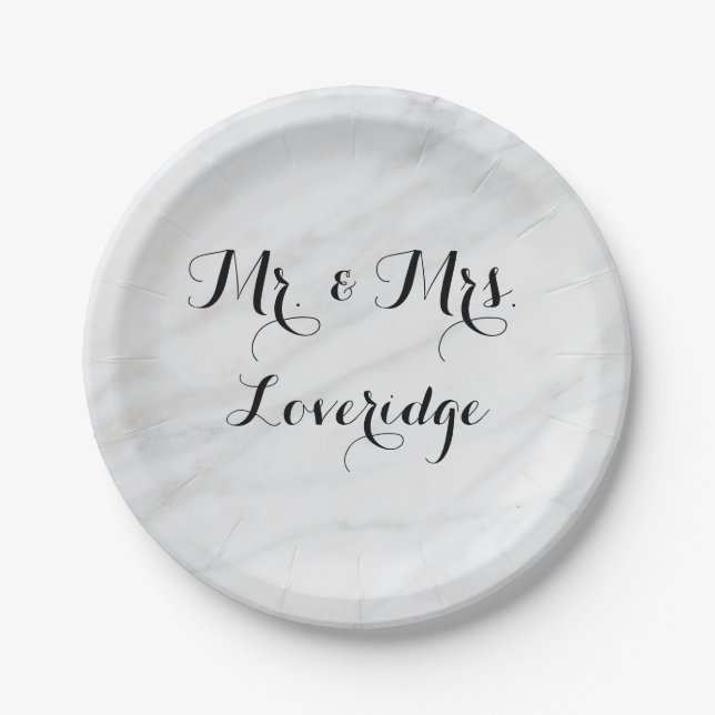 Personalised Mr. & Mrs. White Grey Grey Marble Paper Plate (Front)