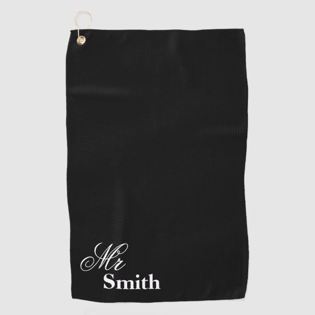 Personalised Mr Name Black White Smith Golf Towel (Front)