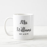 Personalised Mrs Est Your Date Bride Gift Custom Coffee Mug<br><div class="desc">personalised mrs est your date,  engagement gift for bride wedding,  present for bride wedding gift,  monogram last name newlywed modern,  bachelorette party mrs newly engaged,  bridal shower recently married mug,  cute black and white typography,  bride mug fiancee birthday gift,  custom personalise her calligraphy cup,  just married trendy simple script</div>