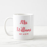 Personalised Mrs Est Your Date Bride Gift Custom Coffee Mug<br><div class="desc">personalised mrs est your date, engagement gift for bride wedding, present for bride wedding gift, monogram last name newlywed modern, bachelorette party mrs newly engaged, bridal shower recently married mug, cute Christmas red and white typography, bride mug fiancee birthday gift, custom personalise her calligraphy cup, just married trendy simple script...</div>