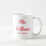 Personalised Mrs Est Your Date Bride Gift Custom  Coffee Mug<br><div class="desc">personalised mrs est your date, engagement gift for bride wedding, present for bride wedding gift, monogram last name newlywed modern, bachelorette party mrs newly engaged, bridal shower recently married mug, cute Christmas red and white typography, bride mug fiancee birthday gift, custom personalise her calligraphy cup, just married trendy red simple...</div>