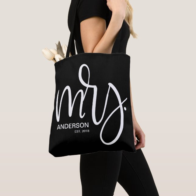 Personalised Mrs. ESTABLISHED - white on black Tote Bag (Close Up)