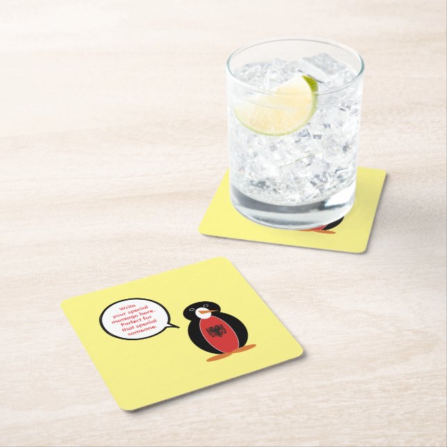 Personalised Ms. Penguin Albania Party Square Paper Coaster (Insitu)