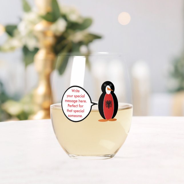 Personalised Ms. Penguin Albania Stemless Wine Glass (Insitu (Wedding))
