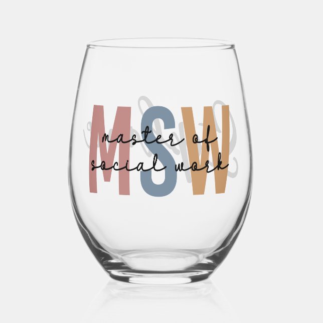 Personalised MSW Master of Social Work  Stemless Wine Glass (Front)