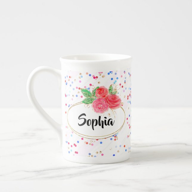Personalised mug, glitter flower cup, custom name bone china mug (Left)