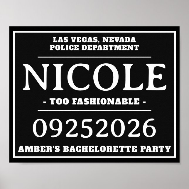 Personalised Mug Shot Signs, Bachelorette Party Poster (Front)