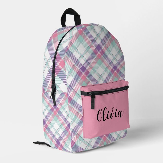 Personalised  Multi-Coloured Plaid  Printed Backpack (Back Corner Left)