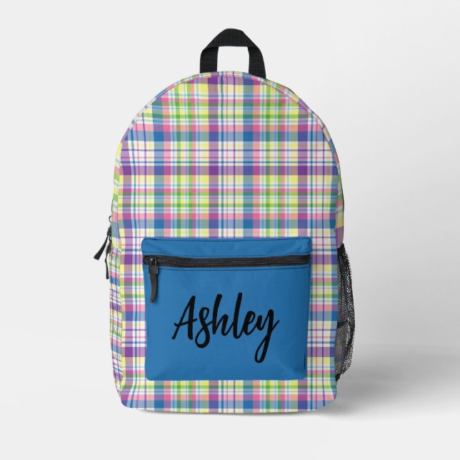 Personalised  Multi-Coloured Plaid  Printed Backpack (Front)