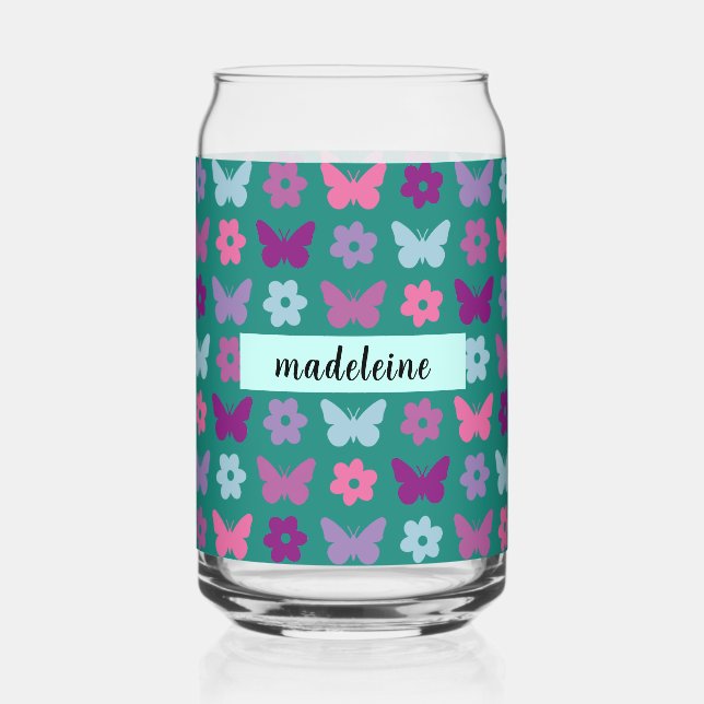 Personalised Multicolor Florals & Butterflies Can Glass (Back)