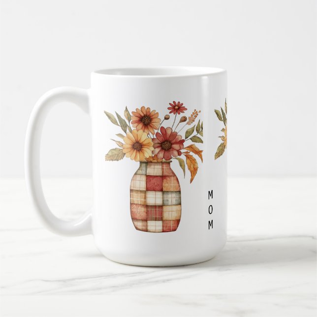 Personalised Multicolor Patfhwork Flowers Vase Coffee Mug (Left)