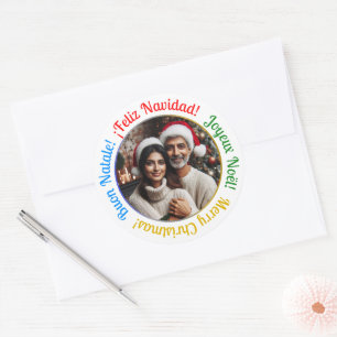 Personalised Multilingual Merry Christmas Photo  Classic Round Sticker