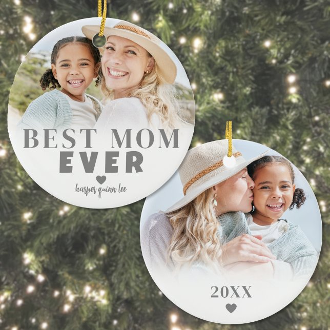 Personalised Mum 2 Photo Christmas Ceramic Tree Decoration (Personalized Best Mom 2 Photo Christmas Ceramic Ornament)