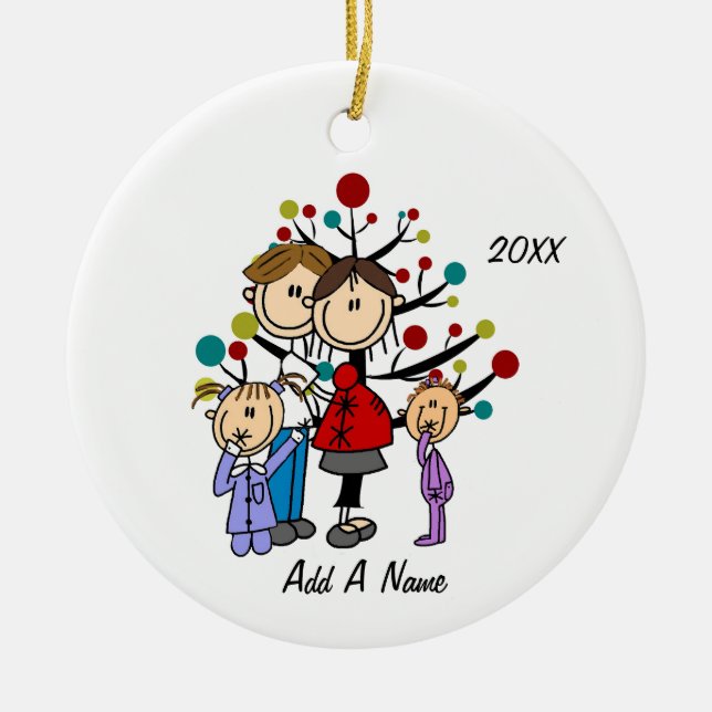 Personalised Mum, Dad, Two Girls Red Ceramic Tree Decoration (Front)