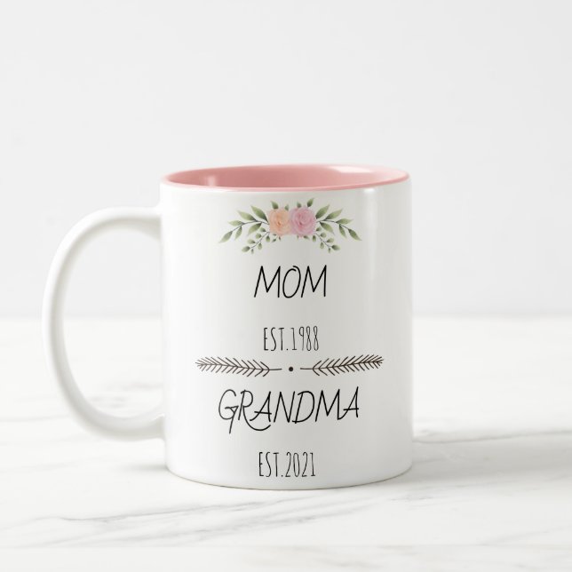Personalised Mum Grandma Est Custom Year, flowers Two-Tone Coffee Mug (Left)
