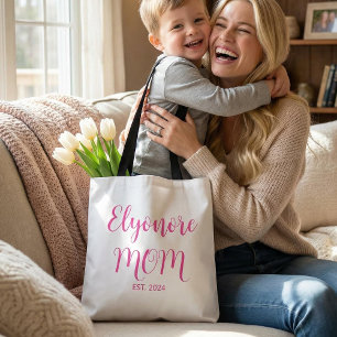 Personalised Mum Name Established Date Pink Script Tote Bag
