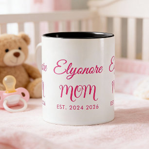 Personalised Mum Name Two Date Pink Script Two-Tone Coffee Mug