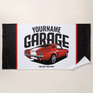 Personalised Muscle Car 1967 Red Fastback Garage Beach Towel