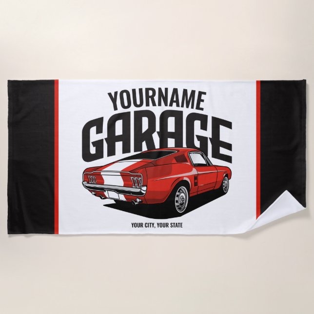 Personalised Muscle Car 1967 Red Fastback Garage  Beach Towel (Front)