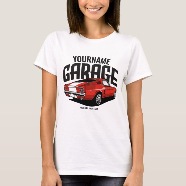 Personalised Muscle Car 1967 Red Fastback Garage T-Shirt (Front)