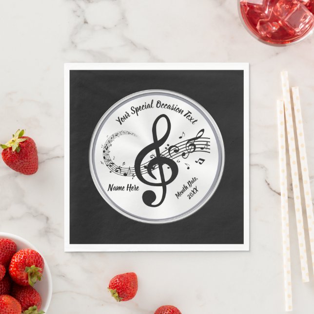 Personalised, Music Themed Napkins, Black, White Napkin (Insitu)