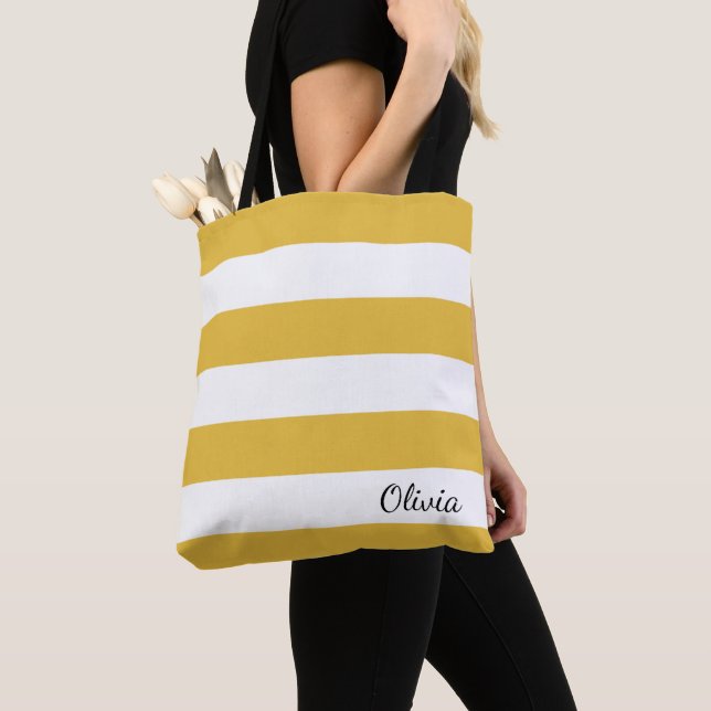 Personalised Mustard and White Striped Tote (Close Up)