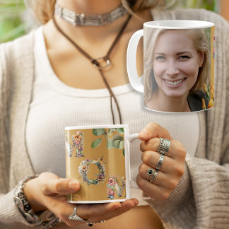 Personalised Mustard Floral MOM Photo Coffee Mug