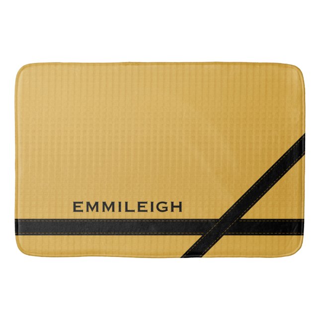 Personalised Mustard Yellow and Black Striped Bath Mat (Front)