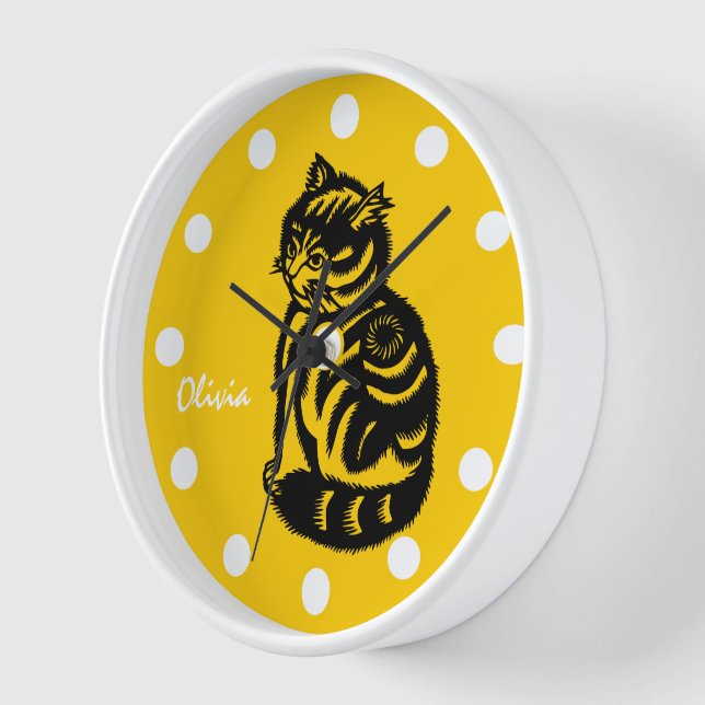Personalised Mustard Yellow Cat Clock-Any Colour Clock (Angle)