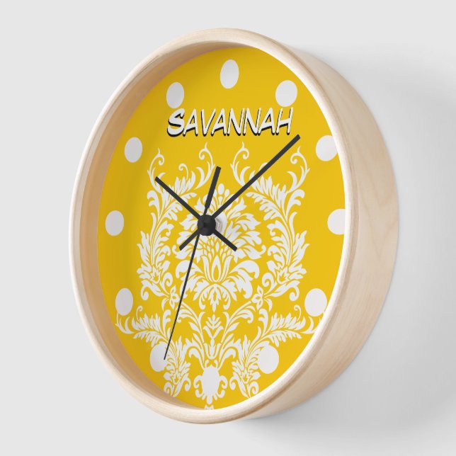 Personalised Mustard Yellow Damask Wall Clock (Angle)