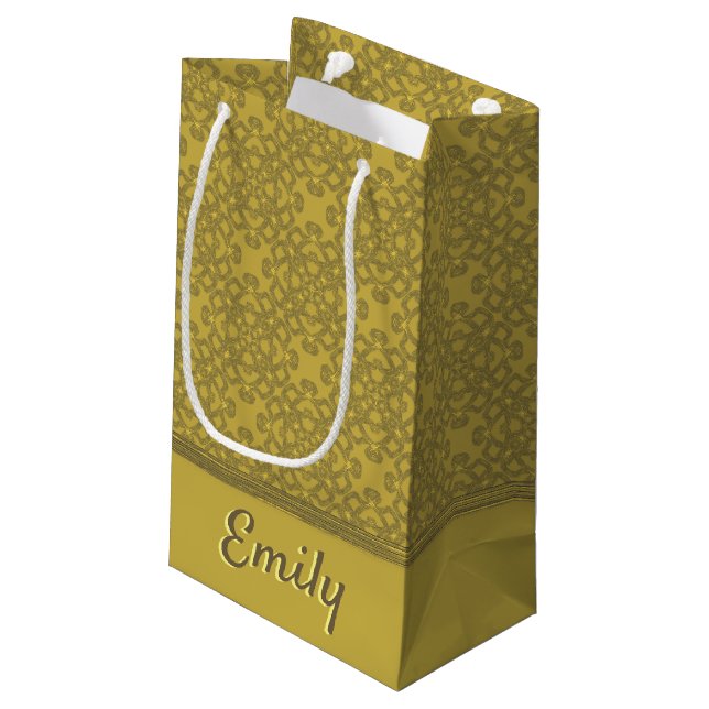 Personalised Mustard Yellow Pattern Small Gift Bag (Back Angled)