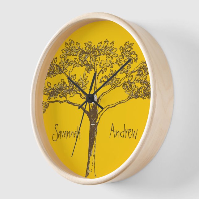 Personalised Mustard Yellow Vintage Tree Clock (Angle)