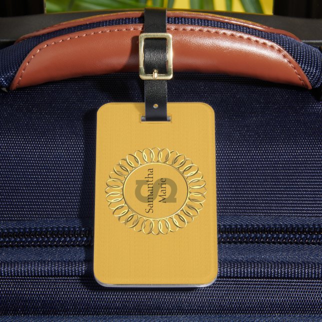 Personalised Mustard Yellow with Gold Frame Luggage Tag (Front Insitu 2)