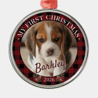 Personalised My First Christmas Dog Photo 2026 Metal Tree Decoration
