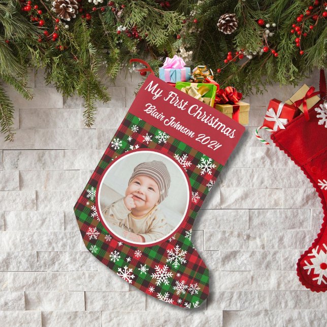 Personalised My First Christmas Photo Plaid Small Christmas Stocking (Creator Uploaded)